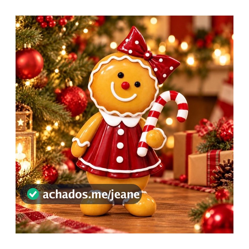 Enfeite de Natal Gingerbread Biscoito de Gengibre em Resina Boneca com Bengala Decoração Natalina 20cm