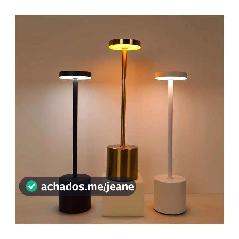 Luminária de Mesa Abajur Cabeceira Escrivaninha LED 3 em 1 Recarregável Tipo C Preto Cromado Dourado