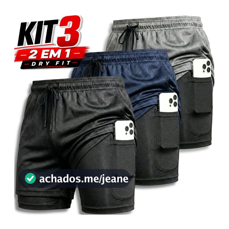 Kit 3 Shorts 2 em 1 Dryfit Masculino Academia Corrida Treino Bermuda comprime Seca Rápida Confortável Fitnes