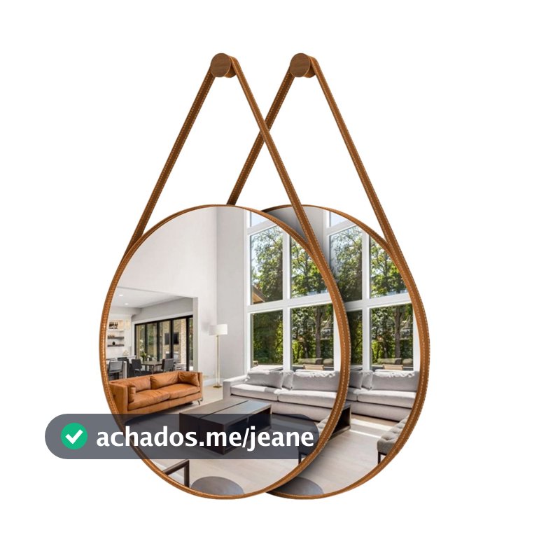 Kit 2 Espelhos Redondos Adnet Moderno Lavabo Quarto Sala Banheiro Alça Em Couro 60cm C/ Pino Suporte
