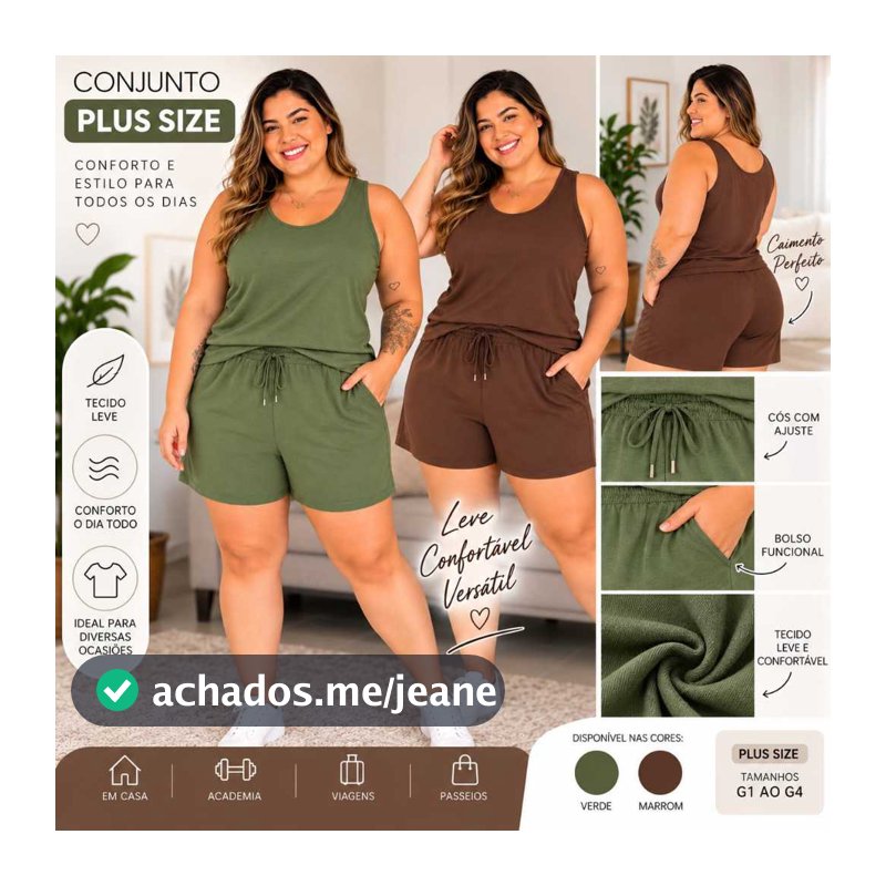 Conjunto Plus Size Feminino Malha Tina Regata e Short com Bolso do G1 ao G4