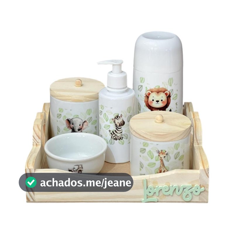 Kit Higiene Bebê Porcelana Safari Bandeja Pinus Adesivo Dtf Uv Com Nome Personalizado