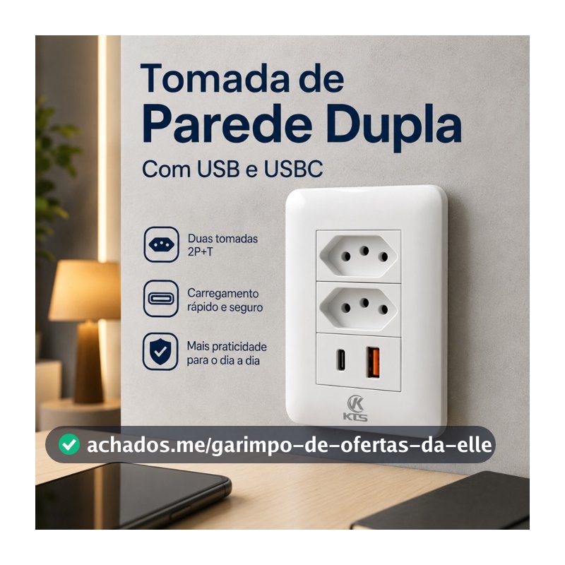 Tomada De Parede Dupla USB E USB-C Carregador Rápido 4 Em 1 Bivolt 110v 220v 10A Branco
