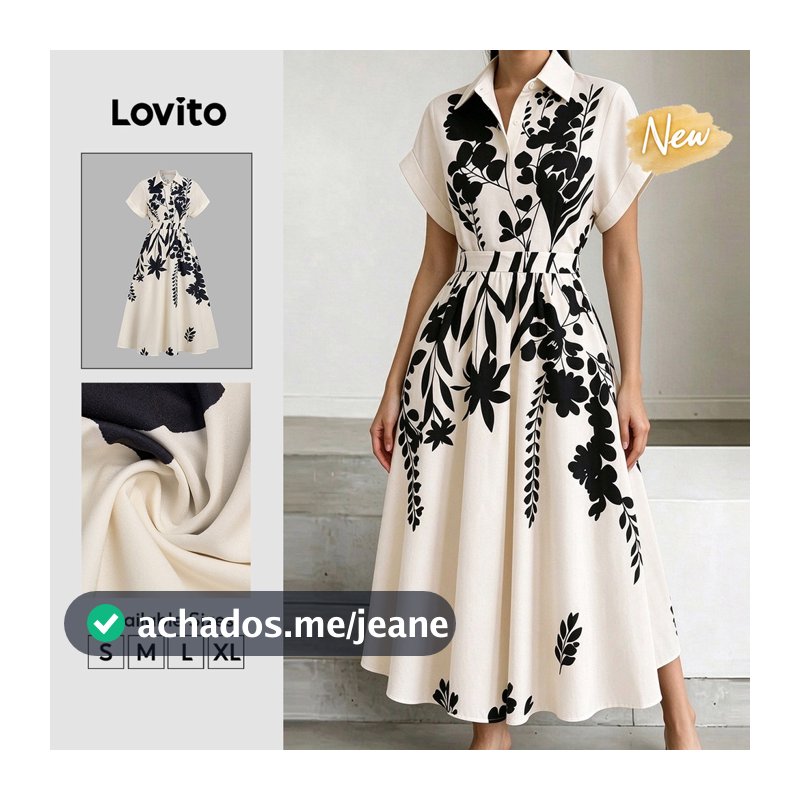 (New Arrival) Lovito Vestido Feminino Casual Floral Com Botões Longo Para Primavera/Verão Férias E Fim De Semana Preto E Branco DRB38BR140