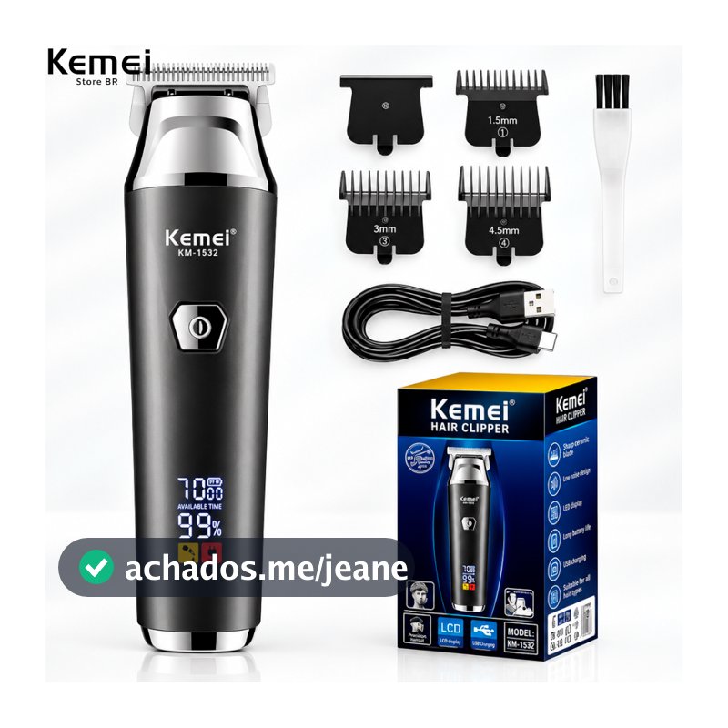 Kemei-Clipper para homens, aparador de barba,  LED Digital Clippers, barbeador elétrico, KM-1512