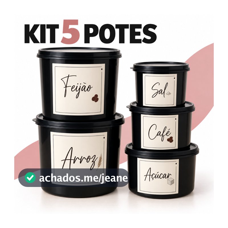 Kit 5 Potes Porta Mantimentos Plástico Decorado com Adesivos – Arroz Feijão Açúcar Sal Café para Cozinha