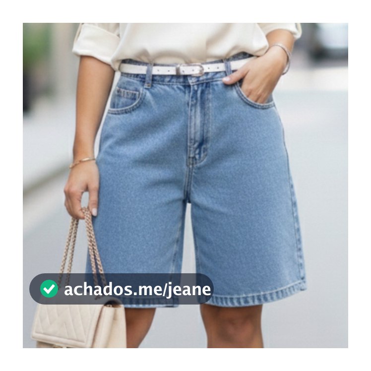 Bermuda Jeans Feminina Marmorizada Sem Lycra Cintura Alta com Bolsos Comprida Soltinha Confortável
