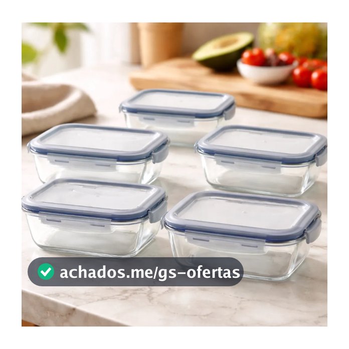 Kit 5 Pote Vidro Hermético 640 ml Retangular Marmita Fitness Tampa Hermética 4 Travas Marmitinha