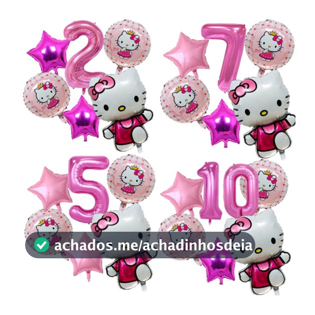 Kit 6 Balão Metalizado Hello Kitty Rosa + 2 Balão Redondo + 2 Estrelas + Número Decoração Festa