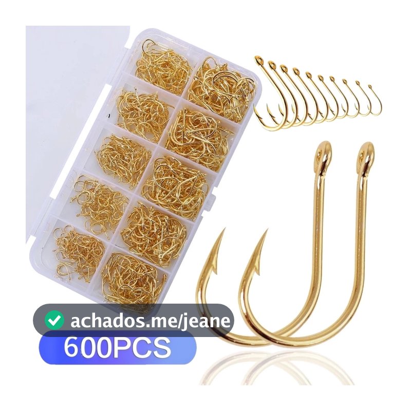 Kit Caixa de Pesca com 600 Anzóis Chinu Dourado #3 ao #12