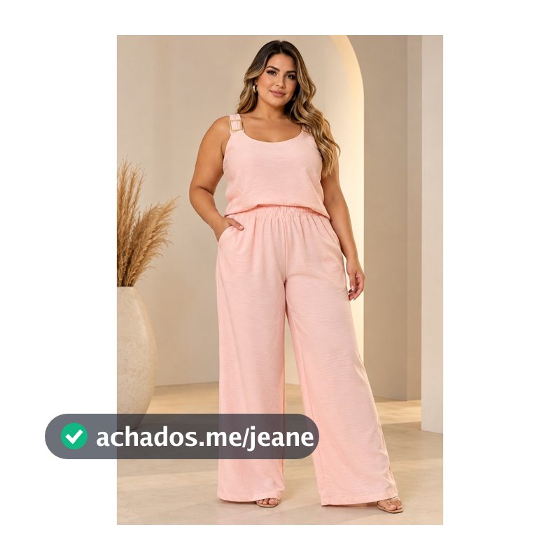 Conjunto Plus Size Feminino Blusa com Detalhe Dourado e Calça Pantalona