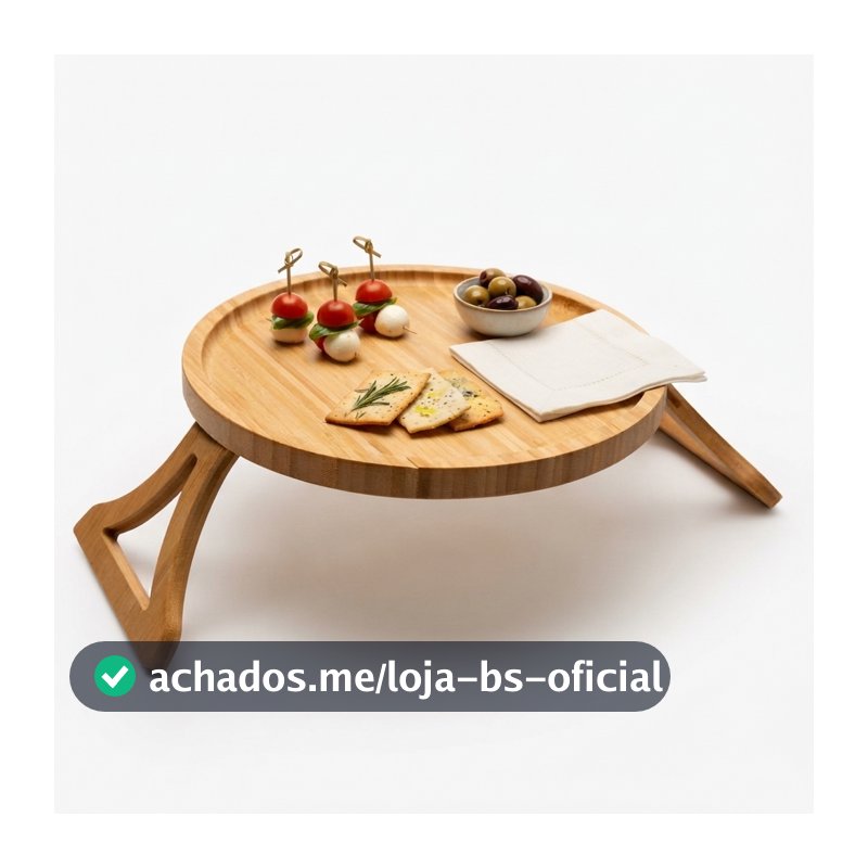 Bandeja Lyor de Bambu Dobrável para Braço de Sofá 25cm Suporte Flexível para Copos e Pratos na Sala Prática e Resistente