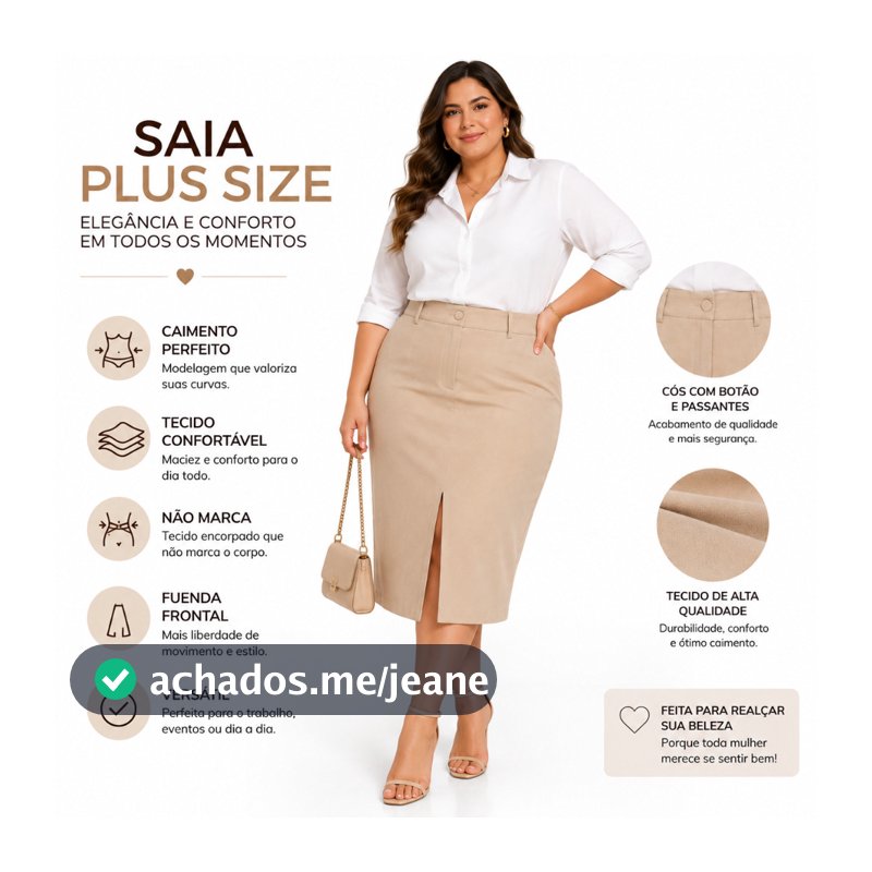 Saia Midi Plus Size Feminina Social  Alfaiataria Cintura Alta Fenda Frontal  Moda Evangélica