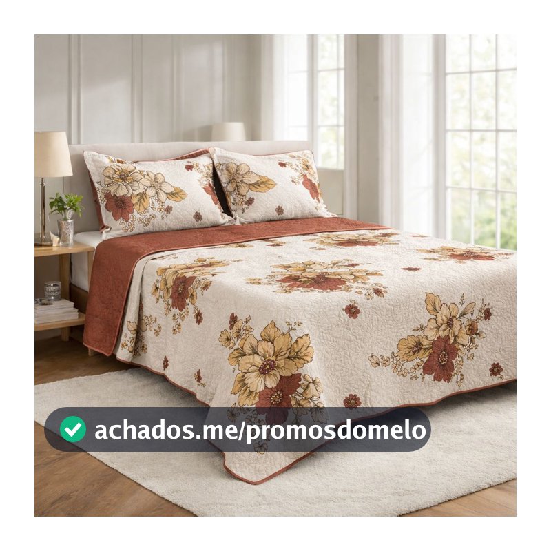 Kit Colcha Cobre Leito Estampado, Dupla Face, 3 peças, Matelado  - (Casal ou Queen)