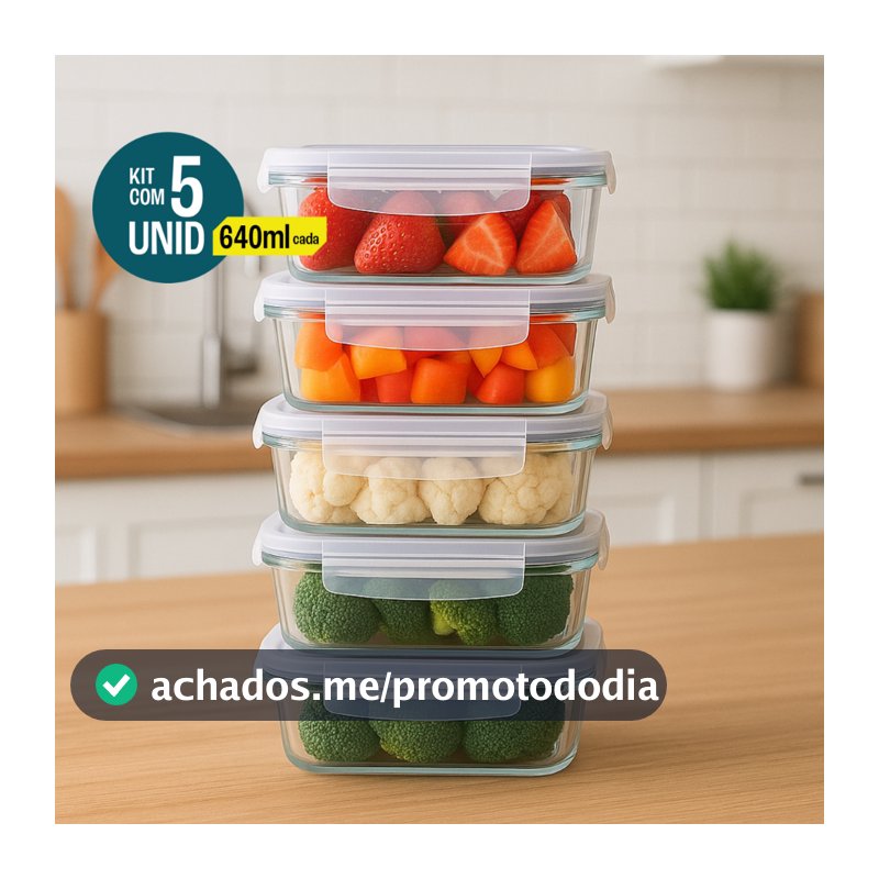 Kit 5 Potes De Vidro Hermético 640ml 4 Travas Livre De BPA Marmita Freezer Microondas
