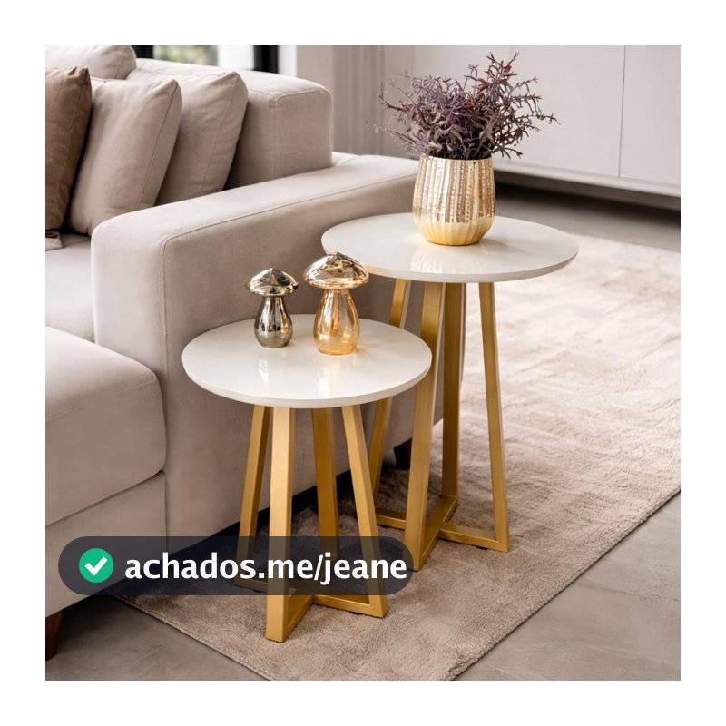 Kit 2 Mesas Lateral Redondas Decorativas Grécia Base Pé Aço Dourado Apoio Sala Moderna Luxo 20x30