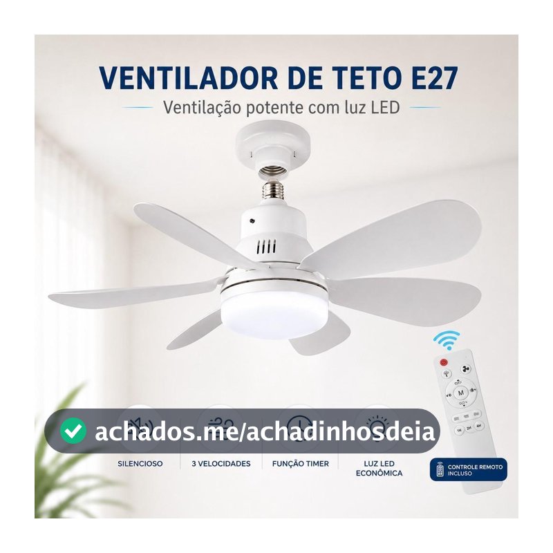Ventilador De Teto Com Luz LED 6 Hélices 42cm 60W Bivolt Com Controle Remoto 3 Tipos De Luz Para Quarto Sala Casa