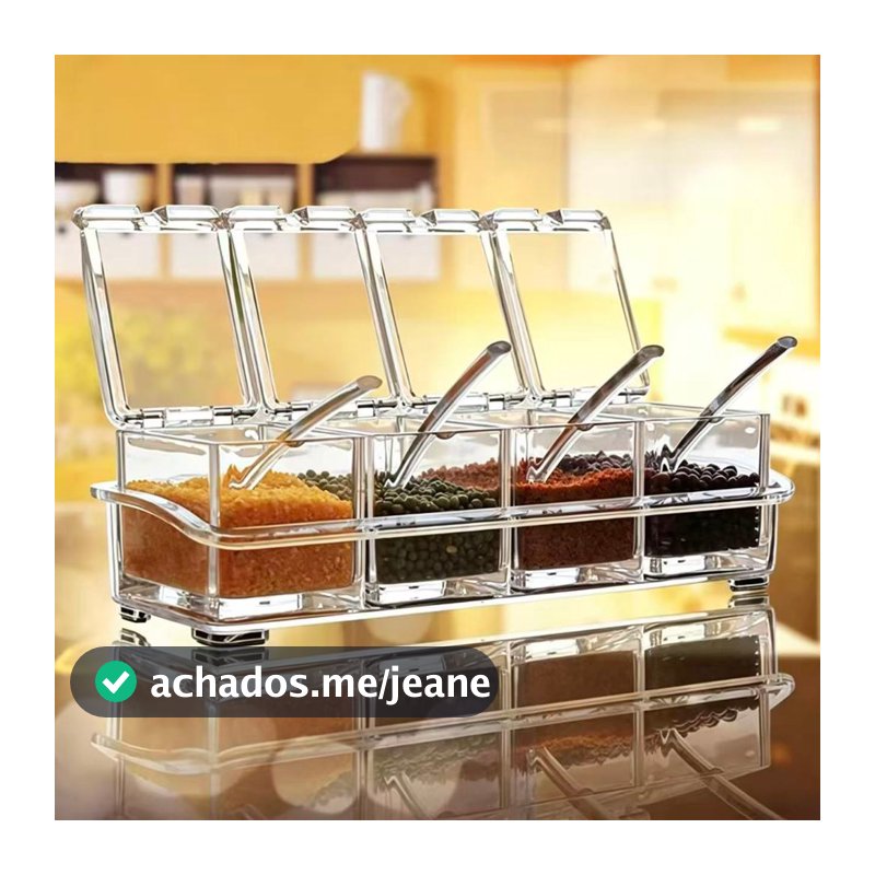 Porta Temperos e Condimentos Acrílico 4 Potes com Colheres e Bandeja | Organizador de Cozinha 4 em 1
