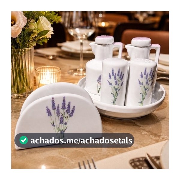 Kit Galheteiro Porcelana Lavanda com Porta Guardanapo Saleiro Pimenteiro Azeite Vinagre Mesa Posta