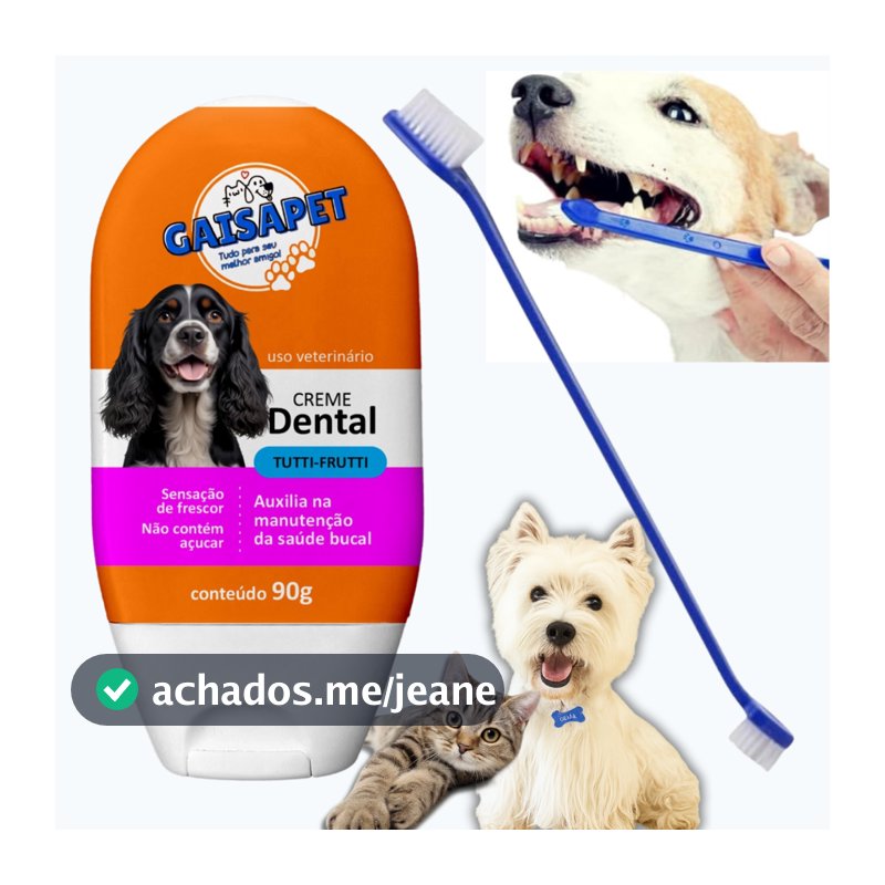 Kit Creme Dental Pet + Escova de Dente Pet Dupla cores sortidas Pasta de Dente para Cachorro e Gatos Higiene Bucal Pet
