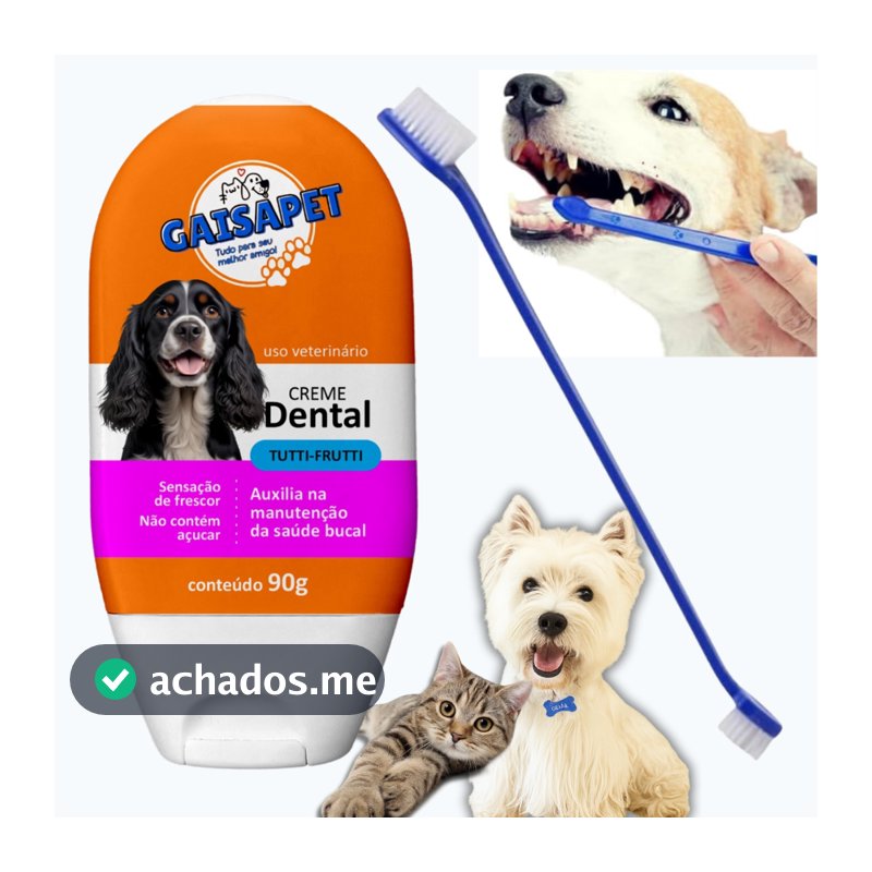 Kit Creme Dental Pet + Escova de Dente Pet Dupla cores sortidas Pasta de Dente para Cachorro e Gatos Higiene Bucal Pet