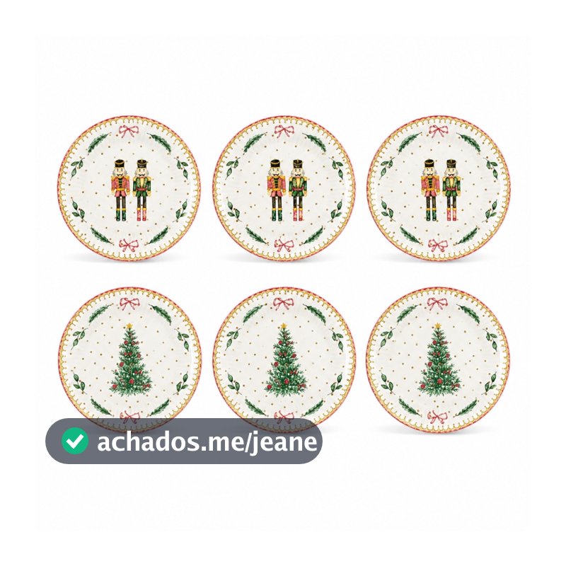 Kit 6 Pratos de Sobremesa Natalinos 21cm Porcelana Árvore Quebra-Nozes Mesa Posta Ceia de Natal
