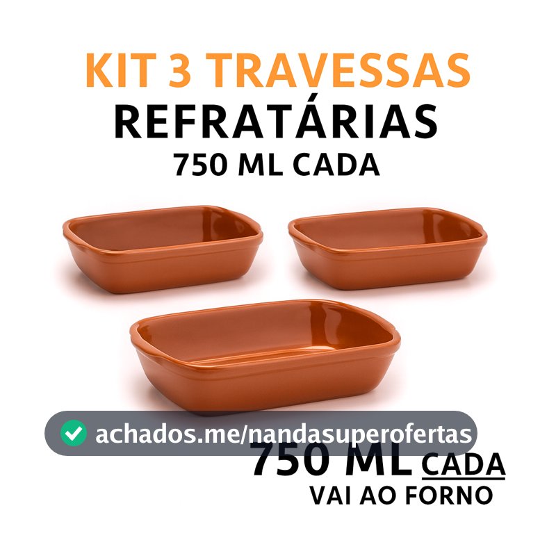 Kit 3 Travessas Refratárias Retangulares 750ml Marrom Porcelana Forno Massas Lasanha Restaurante Sobremesa