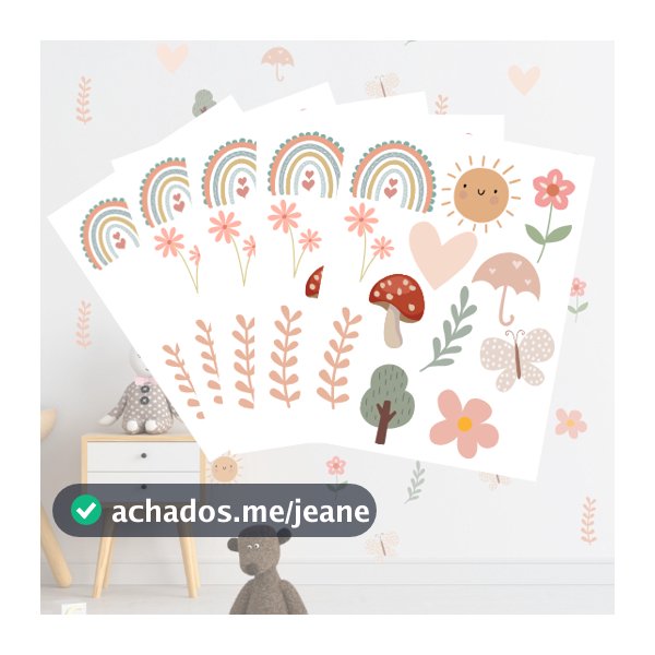 Adesivos de Parede Infantil Boho: Sol, Arco-Íris, Flores, Borboletas, Cogumelo, Coração, Árvores