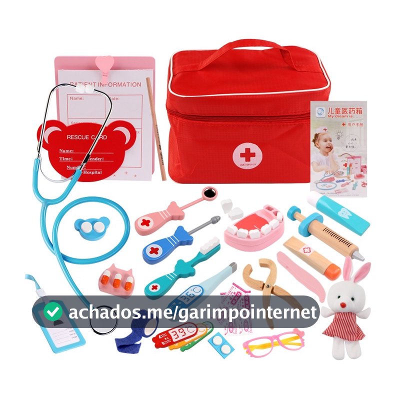 Kit Médico Infantil de Madeira Brinquedo Dentista Faz de Conta Jogo Educativo Montessori Simulação com Bolsa Vermelha