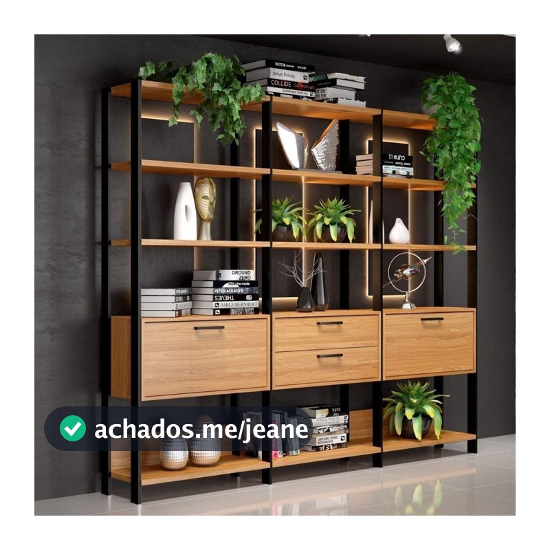 Estante Industrial 2 Portas 2 Gavetas 100% MDF 216cm Marrom/Freijó/Preto Freijó/Preto Fosco