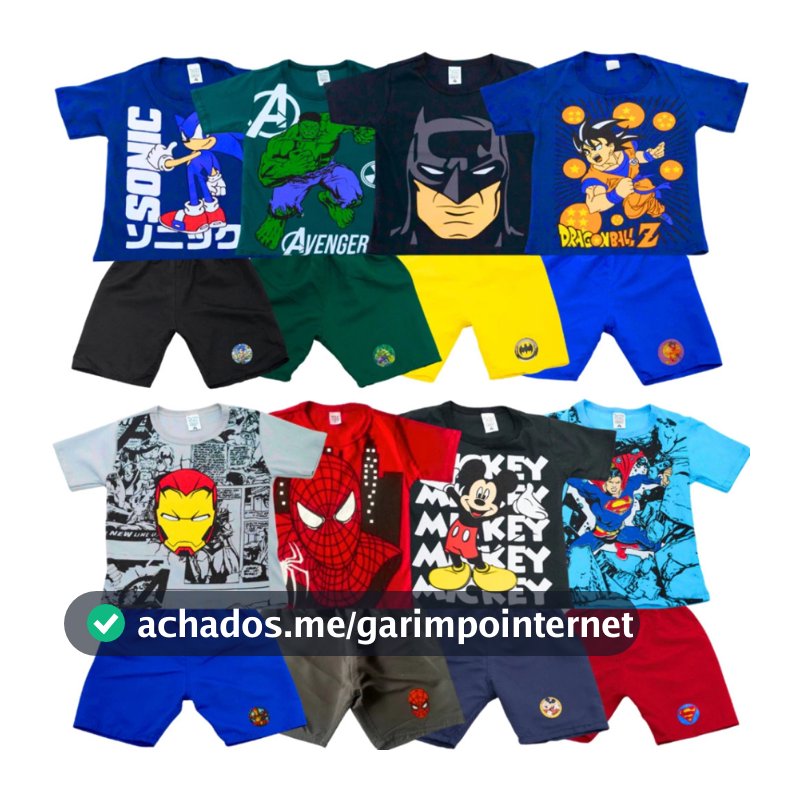 Kit 8 Peças Roupa Infantil Menino Verão 4 Camisetas 4 Bermudas Conjunto Personagens Sortido Algodão