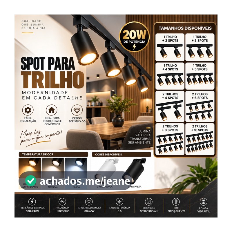 Trilho com Spot Led Eletrificado 1m ou 2m Spot 20W Sobrepor Teto Gesso Preto Branco - Kit Iluminação Bivolt Eletrificado