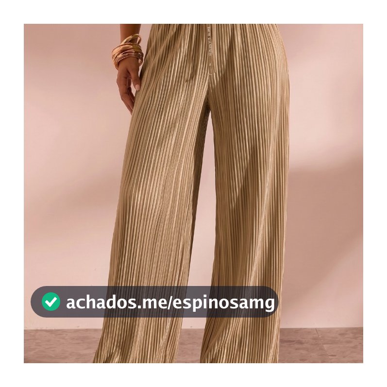 Calça Pantalona Wide Leg Plissada Feminina Cintura Alta Brilho Larga Elegante