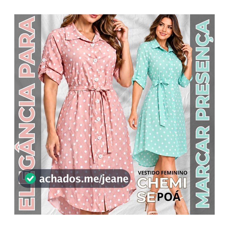 Vestido Feminino Chemise Poá de Manga 3/4 com Botões e Faixa na Cintura