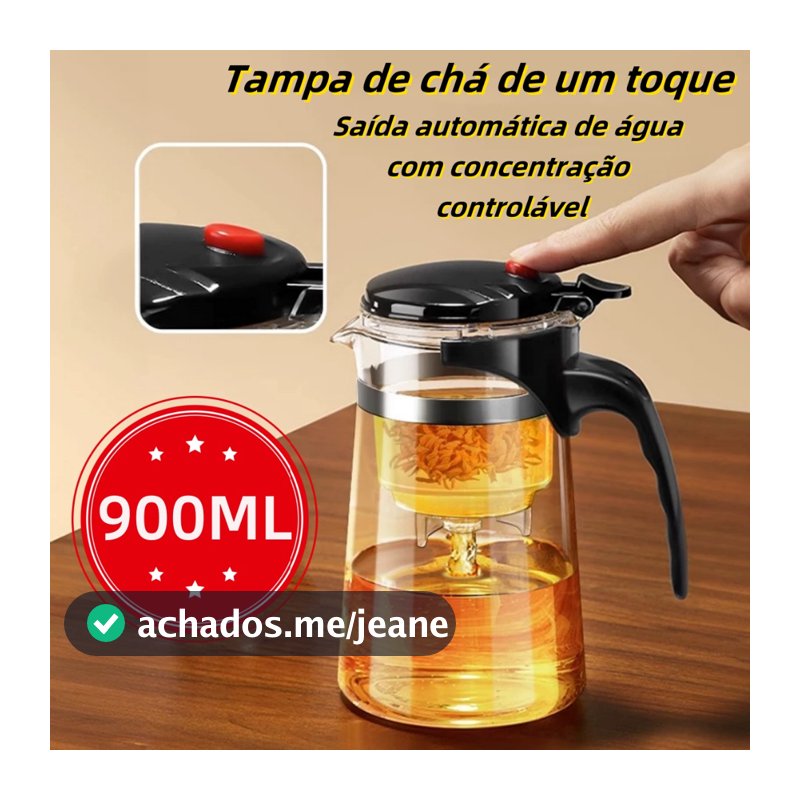 Chaleira Bule Jarra de Vidro 900ML Com Tampa de Chá de um Toque Para Chá Com Infusor Reutilizável