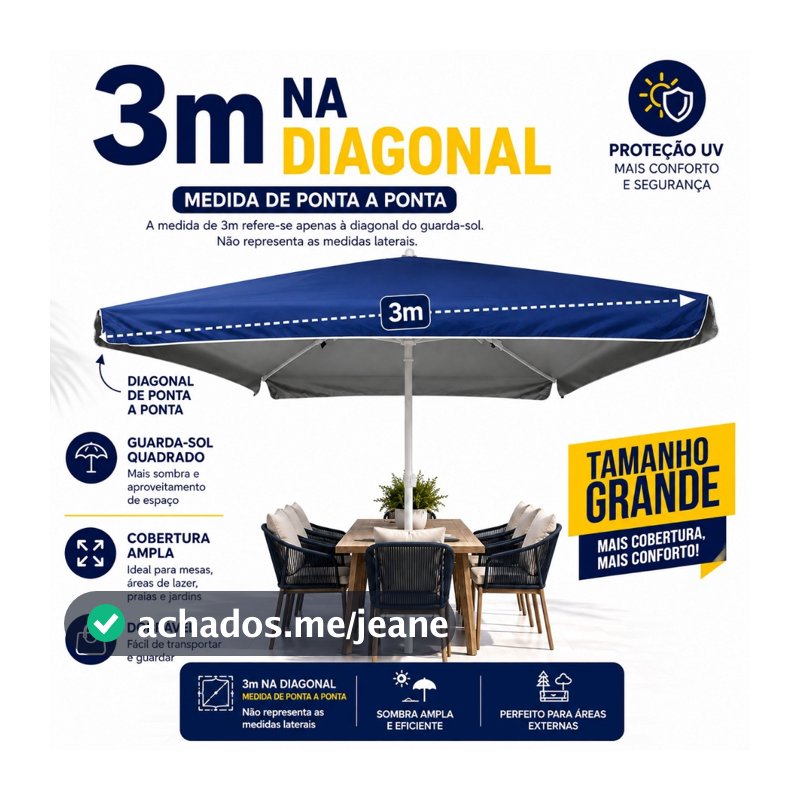 Guarda Sol Quadrado Gigante 3M Aberto Reforçado Contra Uv Para Praia