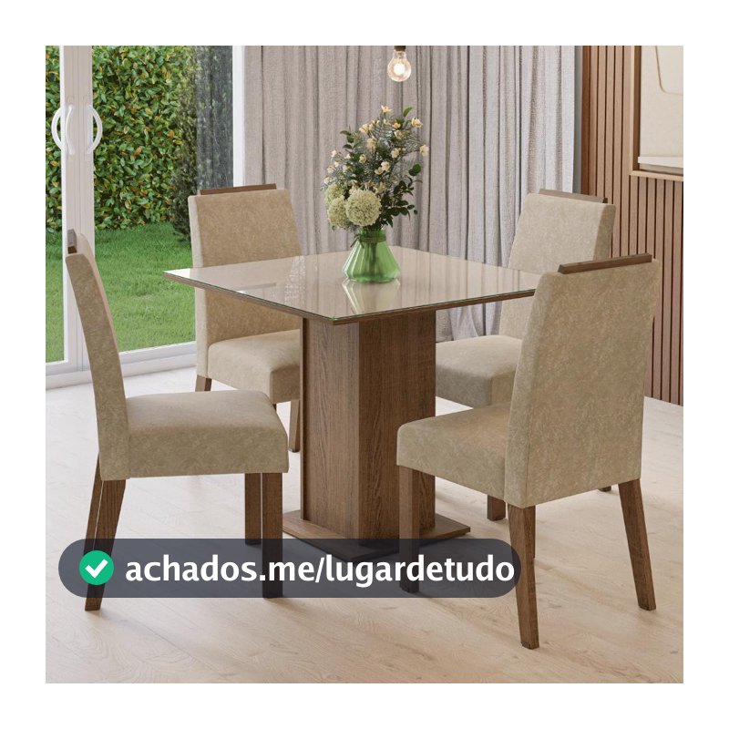 Conjunto Sala de Jantar Tampo de Vidro 4 Cadeiras Rustic/Crema/Imperial Sines Madesa