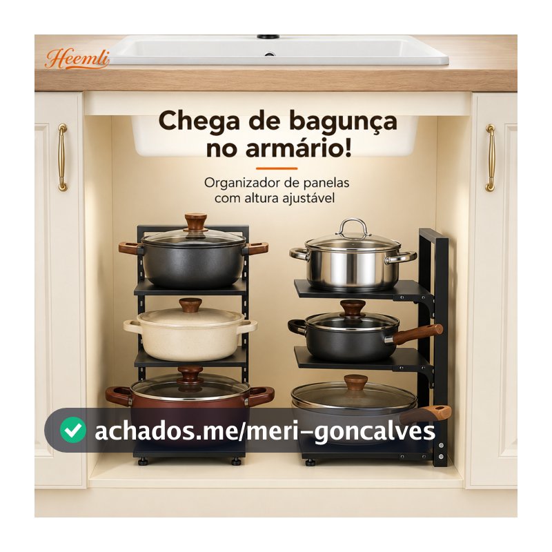 Heemli Organizador de Panelas de 3 Andares Ajustável em Aço Carbono Preto para Cozinha, Bancada e Abaixo da Pia