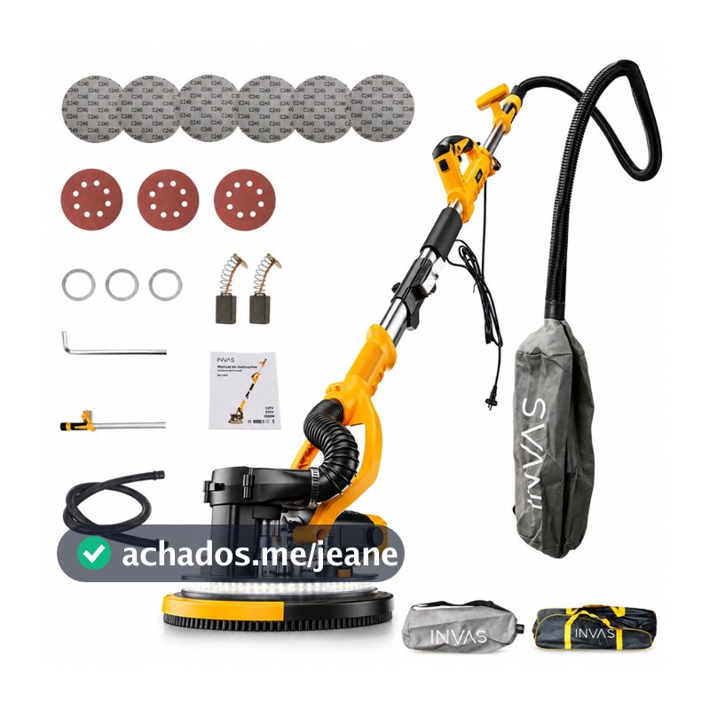 Lixadeira Parede Teto Pisos Drywall Elétrica Telescópica 1200W 7 Velocidades Sem Poeira Com Luz e Saco Coletor 9 Lixas
