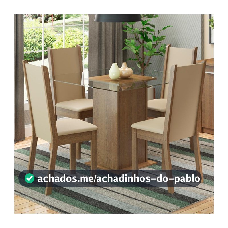 Conjunto Sala de Jantar Madesa Aline Mesa Tampo de Vidro 4 Cadeiras