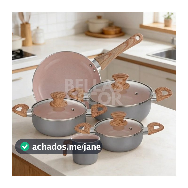 Jogo De Panelas Indução Cerâmica 5 Peças Antiaderente Premium Cabo Amadeirado Espessura Grossa Luxo Completo Original