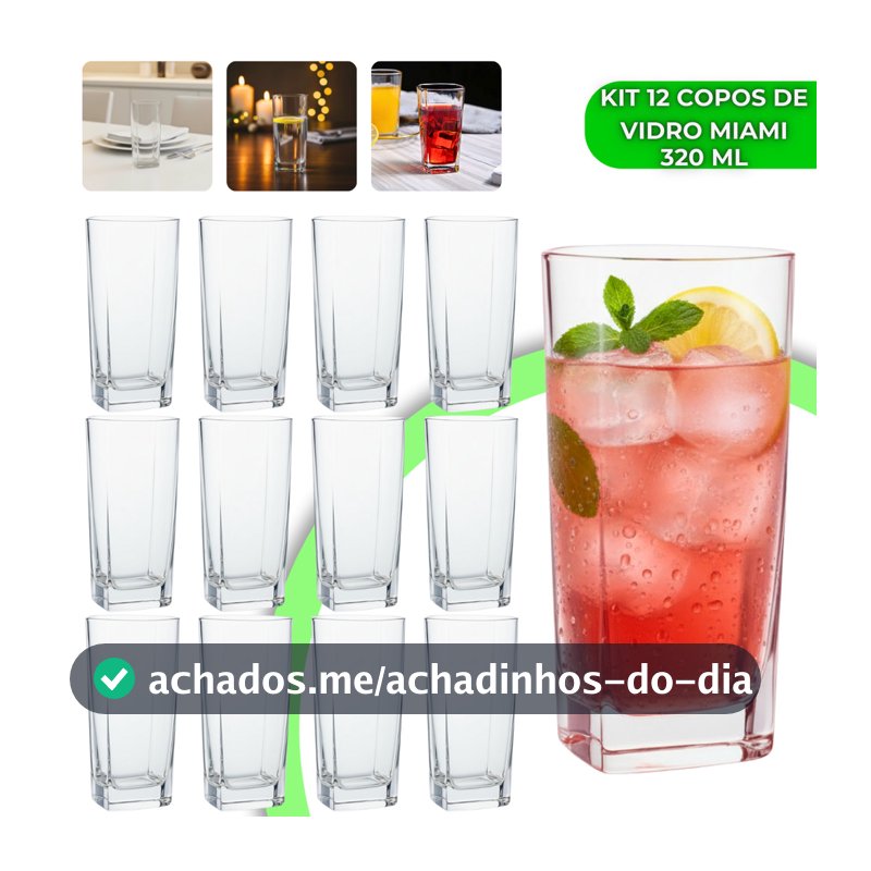 Jogo 12 Copos Miami 320ml Vidro Grosso Moderno Luxo Elegante Quadrado Alto Texas Bali Água Drink