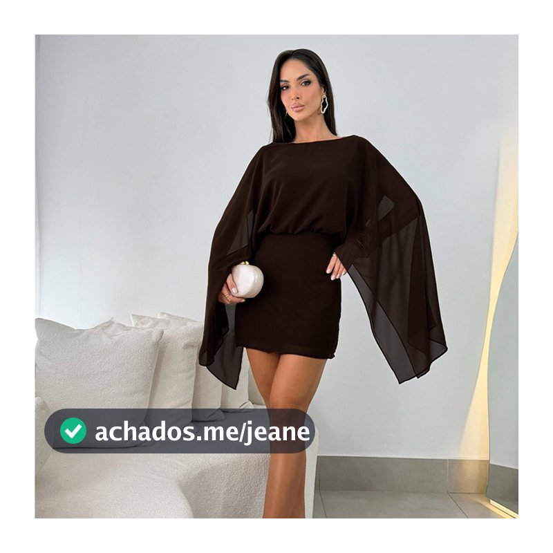 Vestido Feminino Curto em Mousseline Decote Canoa Manga Estilo Capa Leve Transparência