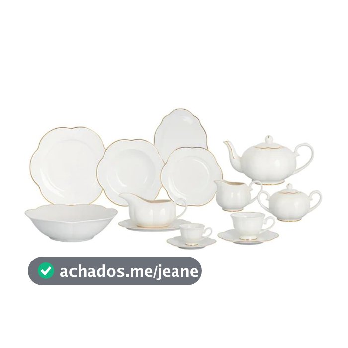 Aparelho de jantar Camélia em new bone china branco com filado dourado 49 peças