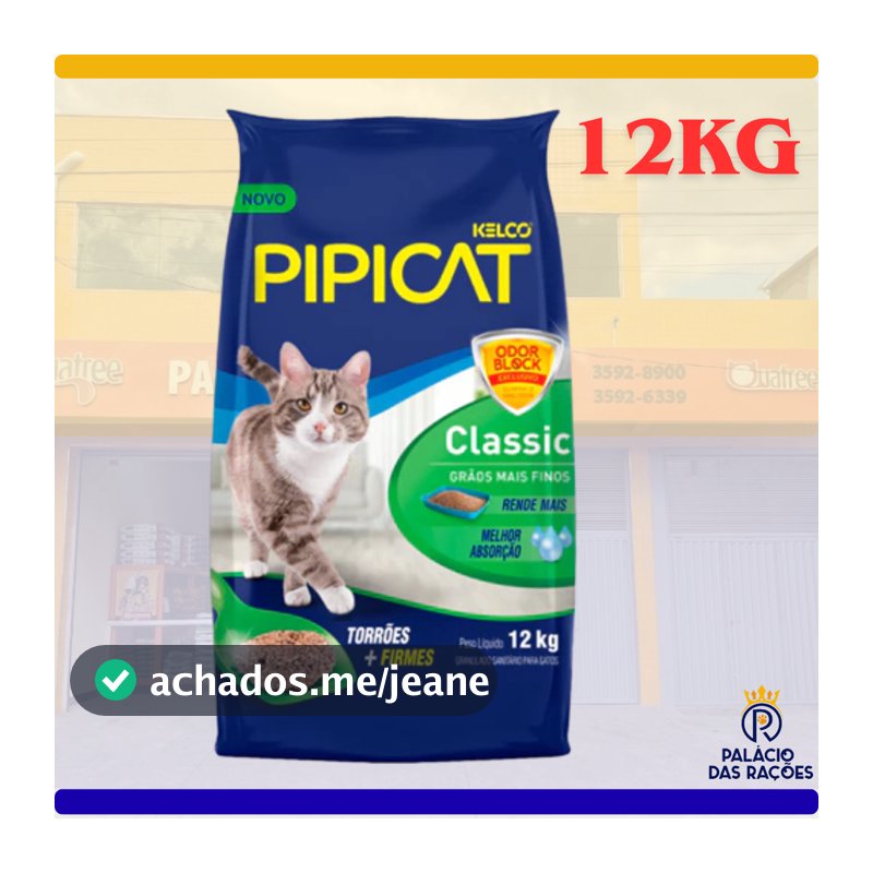 Areia Higiênica Pipicat Classic Grãos Mais Finos 12KG