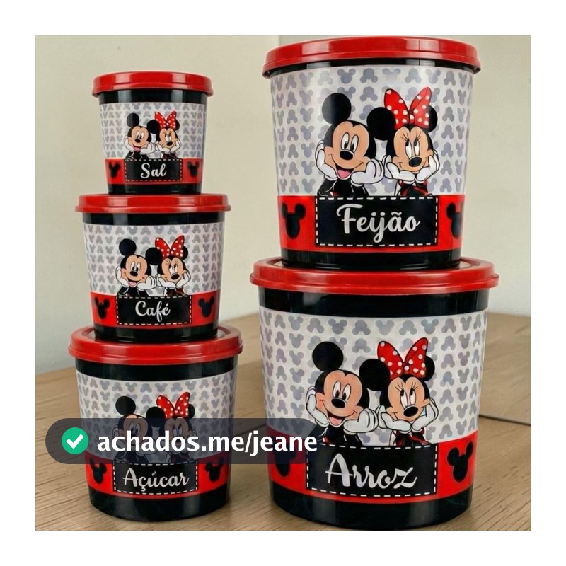 Kit 5 Potes Mantimentos Mickey e Minnie Preto Cozinha