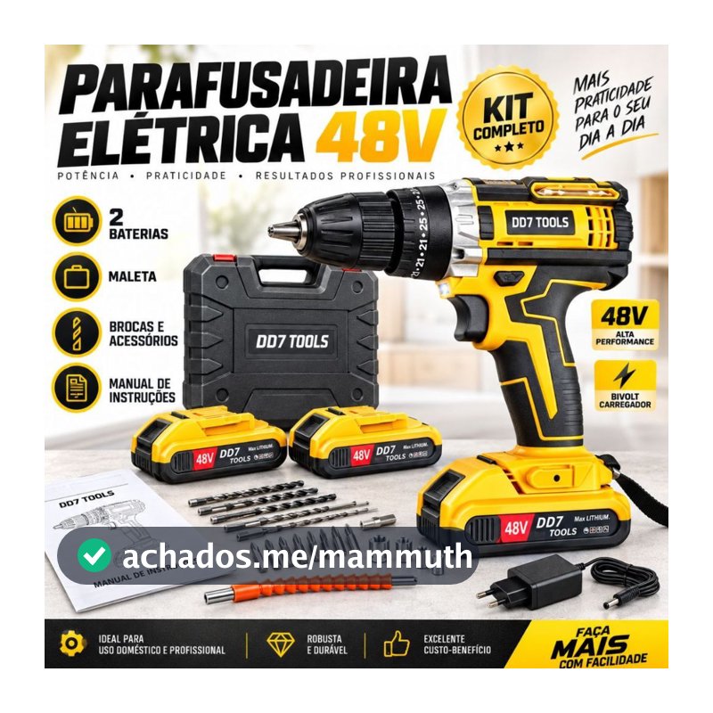 Parafusadeira Furadeira Sem Fio 48V 2 Baterias Lítio Kit Maleta Acessórios 2 Velocidades Luz LED Uso Doméstico