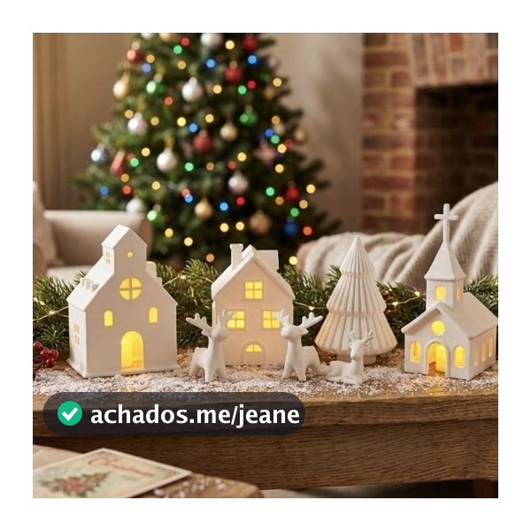 Vilarejo de Natal  Branca Minimalista com Luz LED - Kit Completo 6 Peças