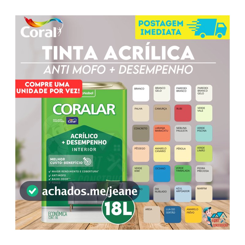 Tinta Econômica Fosca Coralar Paredes Coral 18 Litros Anti Mofo Acrílica Interno Interior Cores