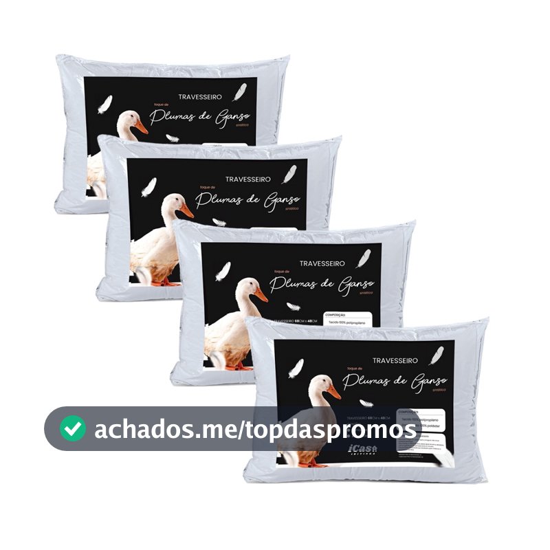 Kit 4 Travesseiro Confortável Branco Para Cama Penas e Plumas de Ganso 70x50cm